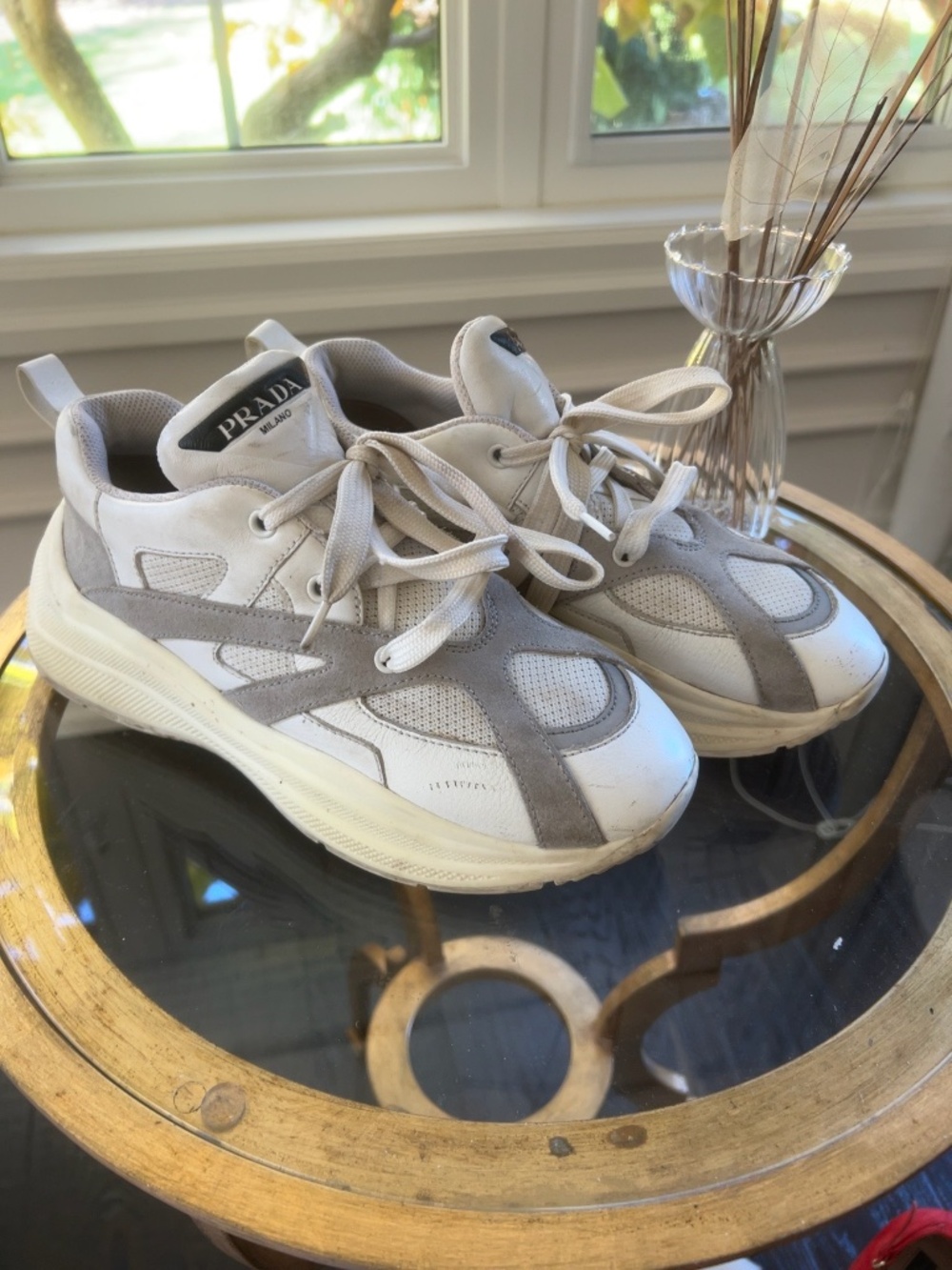 Prada Milano White & Grey Leather Suede Mesh Chunky Sneakers – EU 37.5